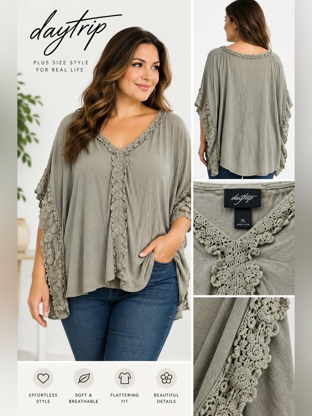 Daytrip Women’s XL Sage Green Boho Crochet Lace Poncho Tunic Top Rayon Stretch.